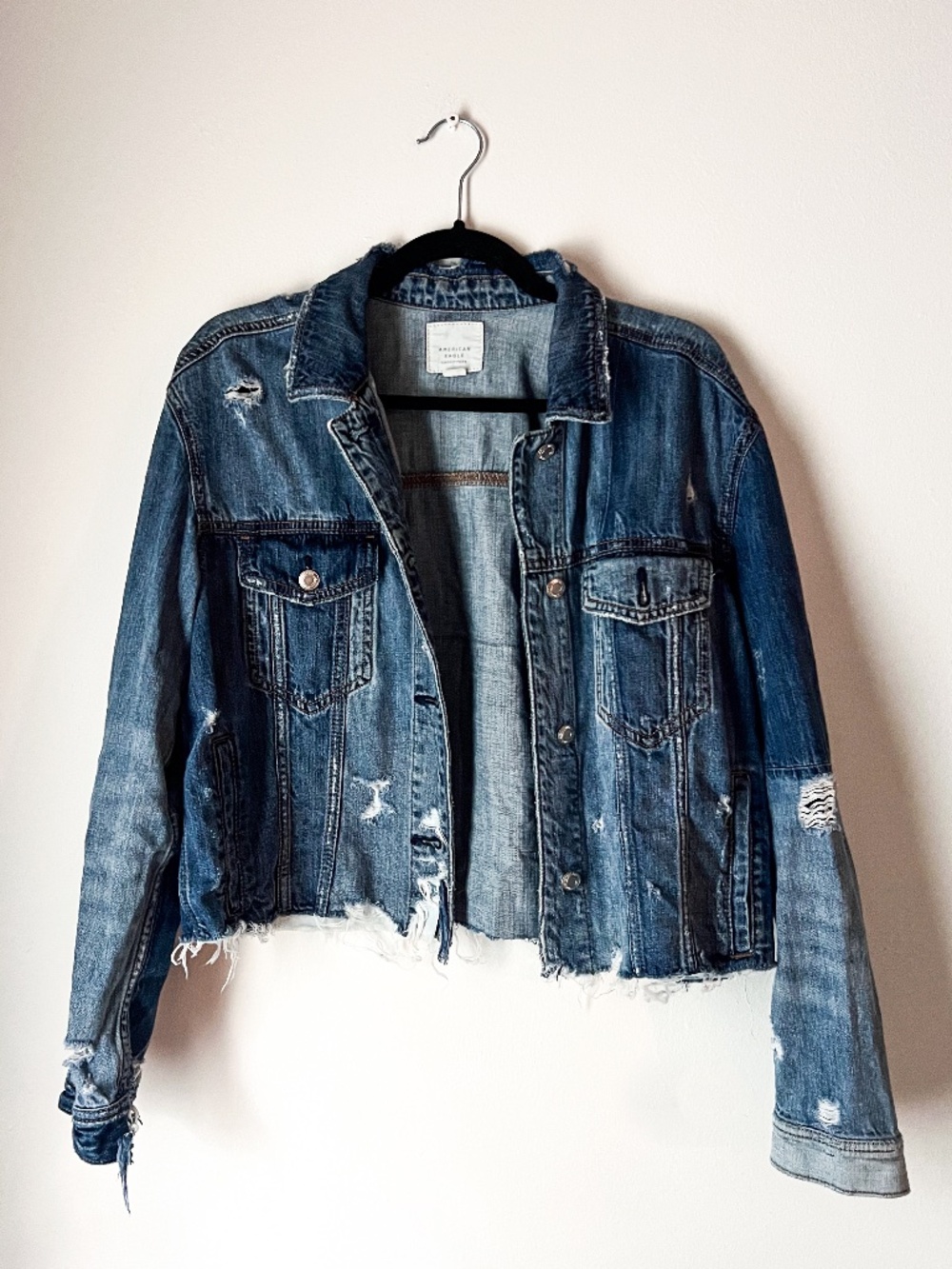 American Eagle Distressed Denim Jacket | Raw Hem Grunge Indie Fest Y2K | frayed